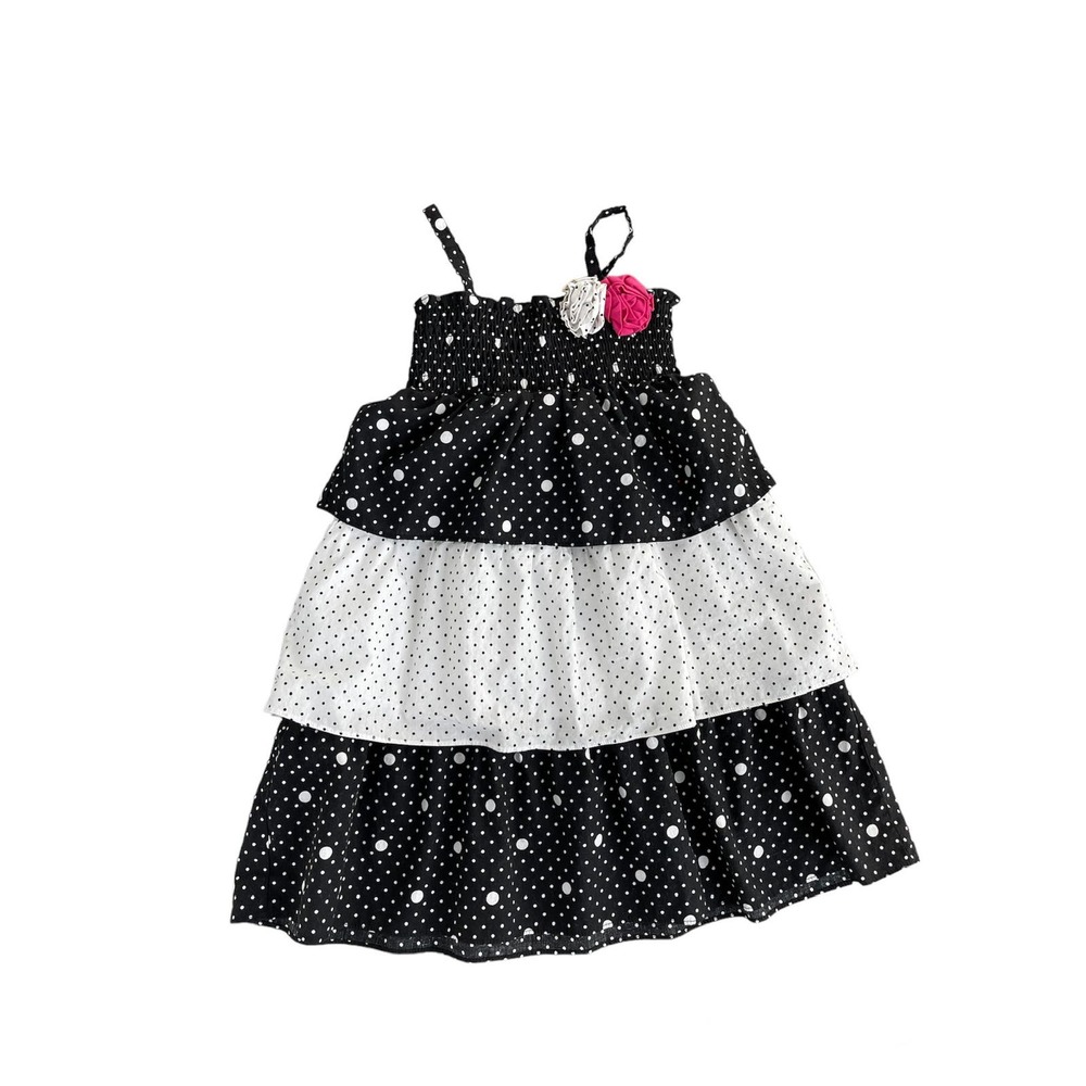 Girls Penny M 6 Black White Polka Dot Ruffle Pink Flower Smocked Sundress